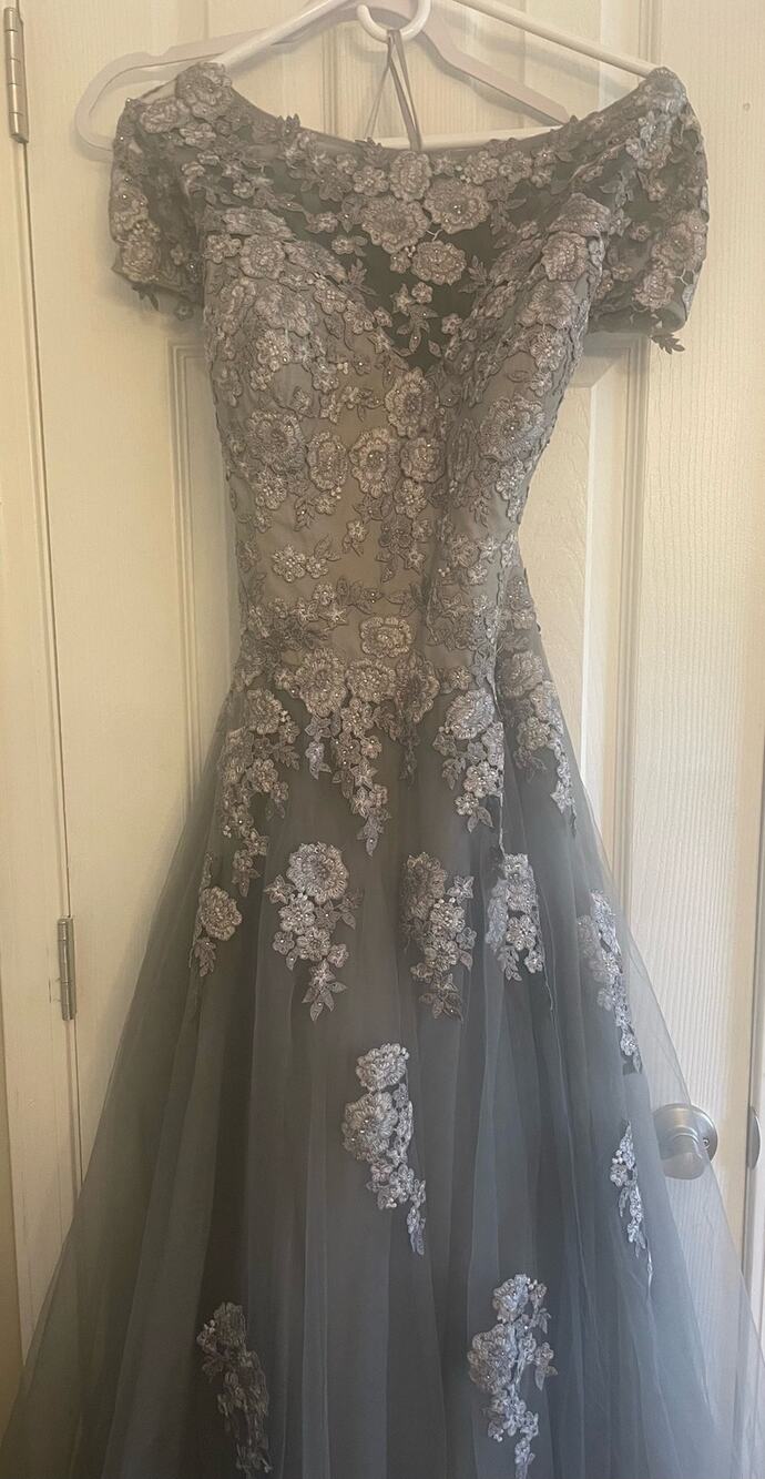 La Femme Silver/Grey Full Length cap sleeve full lace overlay evening gown, A29